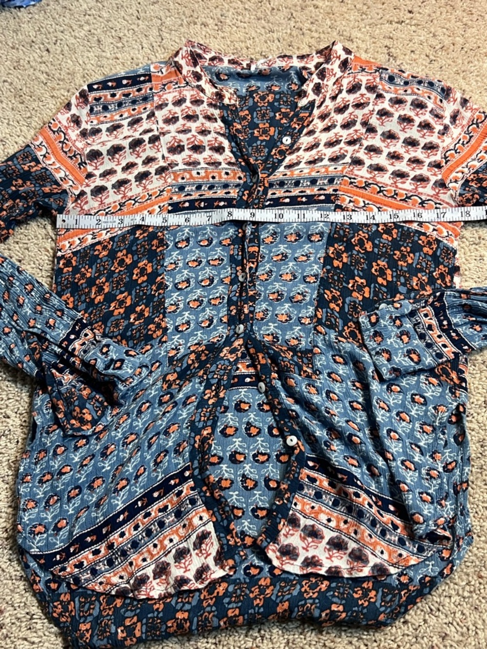 Free People Button-Down boho style blouse in Blue and Peach Floral Print - Picture 4 of 6